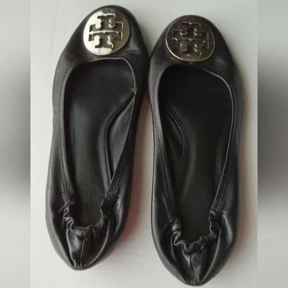 🩷💚⚜️Tory Burch⚜️🩷Black Ballet Flats Double T Signature Leather Shoe Size 8.5 - Picture 3 of 11